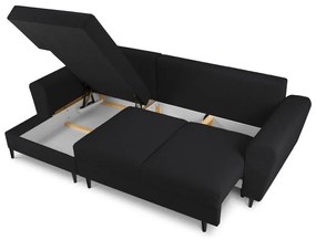 Fekete buklé kinyitható tárolóhelyes sarokkanapé (bal oldali-heverő résszel) Kyoto – Cosmopolitan Design