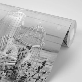 Fotótapéta fekete-fehér cseresznye gally és lámpások