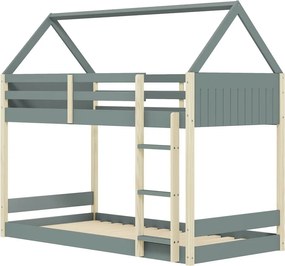 Natúr színű-szürkészöld házikó alakú-emeletes gyerekágy ágyráccsal 90x190 cm Valka – Marckeric