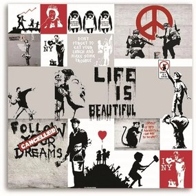 Gario Vászonkép Banksy falfestmény - az utcai muvész muveinek kollázsa Méret: 50 x 50 cm