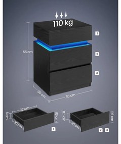 VASAGLE éjjeliszekrény LED világítással, állítható színű fény, 3 fiókos oldalasztal, 35 × 40 × 55 cm, fekete