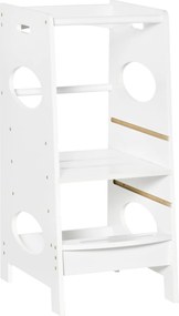 HOMCOM Fa Tanulótorony Gyerekeknek - Konyhai Fellépő Szék Állítható Magassággal 3 Pozícióban és Biztonsági Korláttal 40x50x90 cm Fehér | Aosom