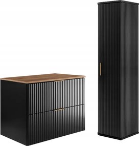 Fürdőszobai szett: 80 cm-es fekete függőszekrény, bordázott frontú magas szekrény, munkalap!