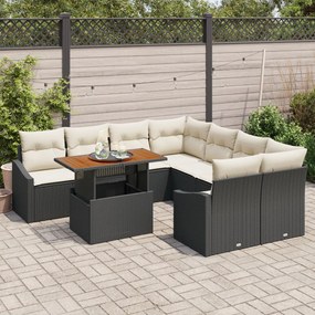 9 Darabos Kerti Kanapészett Párnákkal Fekete Poly Rattan