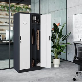 Pléh öltözőszekrény talpazaton, kétmodulos, polccal és köztes fallal KACPER, 800 x 1800 x 500 mm, antracit-fehér