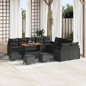 13 Darabos Kert Sofa Szett Párnákkal Fekete Poli Rattan Akác, 2-Fős Kert Sofa Tárolóval & Párnákkal Fekete Poli Rattan, 3 Darabos Kerti Étkezős Szett Párnákkal Fekete Poli Rattan Akác