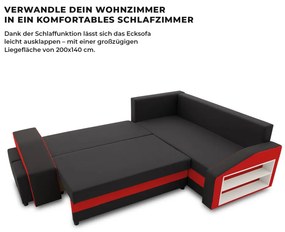 Grande sarokkanapé polcokkal és puffokkal , polc a jobb karfaban puffok a bal karfaban, jobboldali, szövet anyag, bonell töltet, fekete - piros