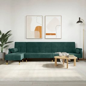 sötétzöld L-alakú bársony kanapéágy 271x140x70 cm