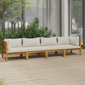 4 személyes tömör akácfa kerti kanapé krémszínű párnával