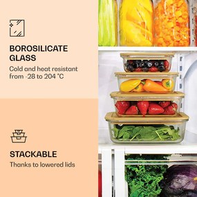 Gramercy Friss élelmiszer tartó dobozkészlet, 4 méretben, boroszilikát üveg, bambusz fedőkkel, egymásra rakható