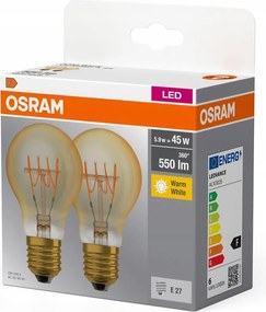 2x Led izzó A60 E27 5,9W 45W 550lm 2700K Meleg fehér Filament Osram