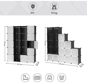 Gardrób 2 ruhatartó rúddal, moduláris kombinált szekrény, fekete