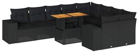10 részes fekete polyrattan akácfa kerti ülőgarnitúra párnákkal