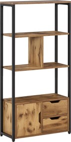 HOMCOM Rusztikus Barna Könyvespolc Szekrény és 2 Tároló Fiókkal Ipari Stílusú Könyvespolc 58x24x122 cm | Aosom