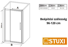 Stuxi Sydney 120 cm széles toló zuhanyajtó 6 mm vastag vízlepergető biztonsági üveggel, króm elemekkel, 200 cm magas