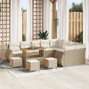 12 darabos kerti kanapészett párnákkal Bézs Poly Rattan Akácia, 3 darabos kerti étkezőszett párnákkal Bézs Poly Rattan Akácia