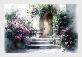 Poszter Keret Fa Ház Terasz Kert Lépcső Virágok Rózsák Nyár 60x40