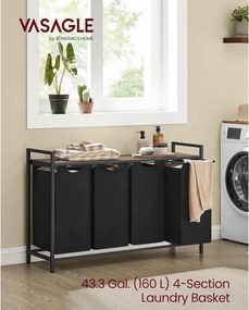 VASAGLE szennyestartó, 4 rekeszes ruhaszeparáló kosár 116×33×72 cm, Fekete és rusztikus barna