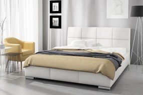 Prato dizájnér ágy magasított fejtámlával és tárolóval, fehér ökobőr, 180 x 200