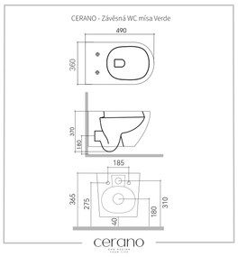 Cerano Verde, függő WC csésze Peremless 490x360x370 mm + UF wc ülőke, fehér fényes, CER-CER-417341