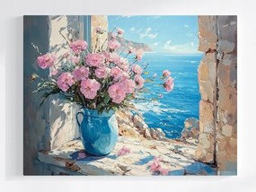 Vászonkép Canvas Olaj Ablak Kilátás Tenger Dél Virágok Váza 100x75