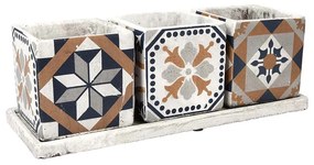 Mediterrán stílusú kerámia virágcserép szett, portugál mozaik mintával, 3 db-os, kültéri és beltéri dekorációs kiegészítő