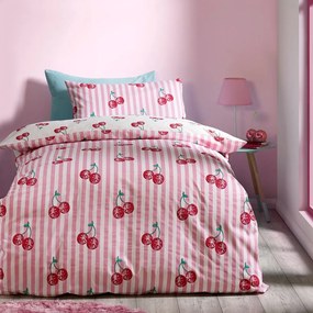 Fehér-rózsaszín egyszemélyes ágyneműhuzat 135x200 cm Disco Cherries Stripes – Catherine Lansfield