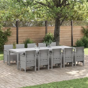11 darabos kerti étkezőszett párnákkal világosszürke polirattan, kerti asztal világosszürke 150x100x73 cm polirattan, kerti szék párnákkal 2 db világosszürke polirattan, kerti szék párnákkal 4 db világosszürke polirattan