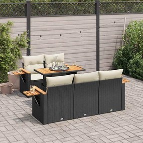6 részes fekete polyrattan akácfa kerti ülőgarnitúra párnákkal