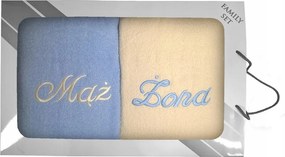 Törölköző szett dobozban 2 db 70x140 Férj Feleség kék krémszínű