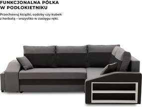 Grande sarokkanapé polcokkal és puffokkal , polc a jobb karfaban puffok a bal karfaban, jobboldali, szövet anyag, hab töltet, szürke - fekete