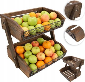 Gyümölcstartó állvány kétszintes barna fából és fémből a konyhapulthoz
