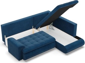 Tokio sarokkanapé, L alakú háttámlával, 2 ágyneműtartóval, kordbársony, jobboldali, kék