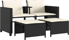 vidaXL 2 személyes fekete polyrattan kerti kanapé asztallal/székkel