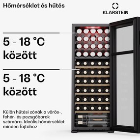 Klarstein Bovella 55 Duo+ borhűtő, 2 az 1-ben, 55 palack, 2 zóna, 9 polc, Érintéses vezérlés
