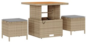 12 Darabos Kert Sofa Készlet Párnákkal Bézs Poli Rattan Akácia, 3 Darabos Kert Étkező Készlet Párnákkal Bézs Poli Rattan Akácia