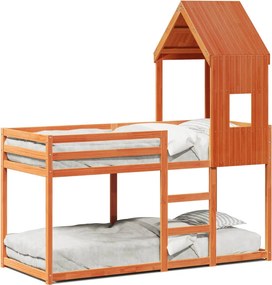 vidaXL viaszbarna tömör fenyőfa ágy emelettel és tetővel 80 x 200 cm