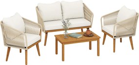Outsunny 4 részes rattan lounge szett – kétszemélyes kanapé, 2 fotel, akác dohányzóasztal | Aosom