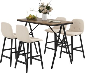 HOMCOM Bárasztal és Bárszék Szett, 5-Darabos Étkezőcsoport, Konyhai Asztal, Bistroasztal 4 Székkel, Bárasztal Szett Konyhába, Nappaliba, Acél, Beige,