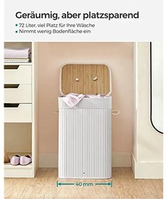 Bambusz szennyeskosár, 72L, összecsukható, téglalap alakú tárolókosár 3 fogantyúval, 40 × 30 × 60 cm, fehér