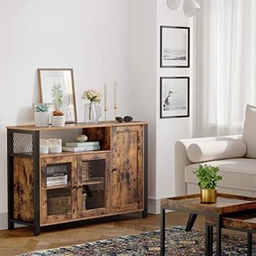 Komód három ajtóval és nyitott polcokkal, rusztikus barna 110x33x75cm