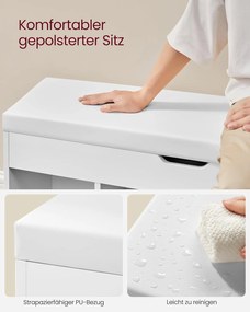 Cipős pad párnával, tárolópad párnázott ülőfelülettel, 3 rekeszes, fehér