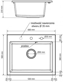 Mexen Elix, 1 tálos gránit mosogató 600 x 500 mm, bézs, fekete szifon, 6525601005-69-B