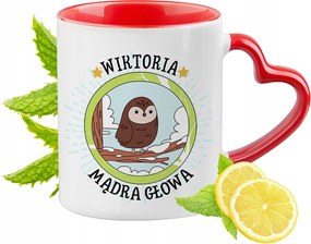 Piros bögre szív alakú füllel Viktória ajándék