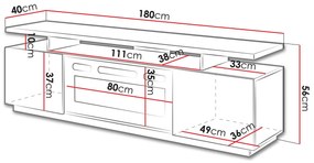 TV asztal kandallóval és LED világítással SALTA - grafit / fényes grafit / fekete