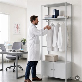 Irodai polc nyitott ruhaakasztó rúddal, recepcióra és váróterembe, fém, szürke, 800x2200x400 mm: ARIEL