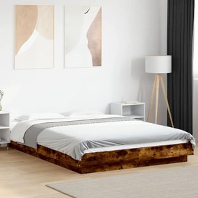 füstös tölgy színű szerelt fa ágykeret LED-del 135x190 cm