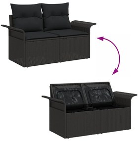 2-üléses Kerti Kanapé Tárolóval &amp; Párnákkal Fekete Poli Rattan