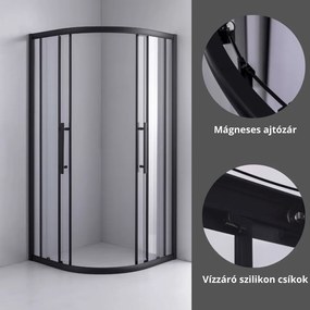 Stuxi Nizza Black 90x90 cm íves két tolóajtós zuhanykabin 6 mm vízlepergető biztonsági üveggel, fekete elemekkel, 190 cm magas, zuhanytálcával és szifonnal