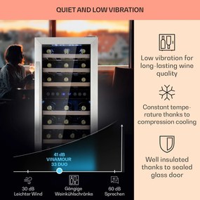Klarstein Vinamour 33 Duo, borhűtő, 89 liter, 33 palack, 2 zóna, 5-18 °C, érintésvezérlés